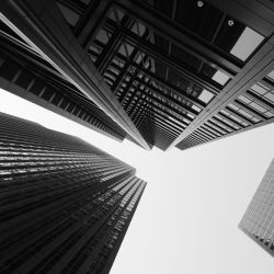 Black,And,White,Abstract,Upward,View,Of,Downtown,Skyscrapers.